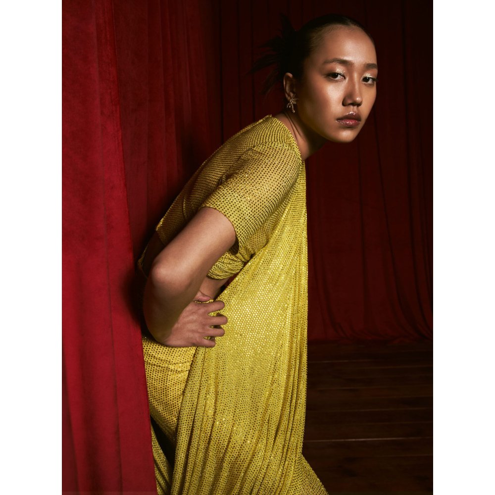 ITRH Yellow Crystal Embellished Blouse with Ruched Skirt and Detachable Drape (Set of 3)