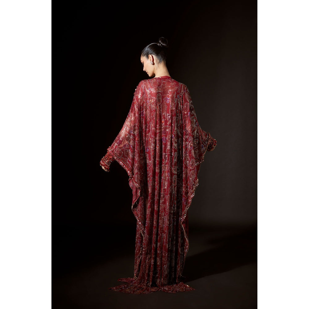 ITRH Kemet Maroon Kaftans Dress with Gloves (Set of 2)