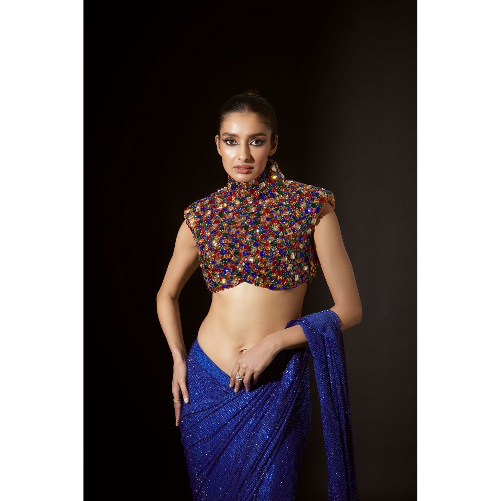 ITRH Osiris Blue Pre Stitched Saree with Stitched Blouse