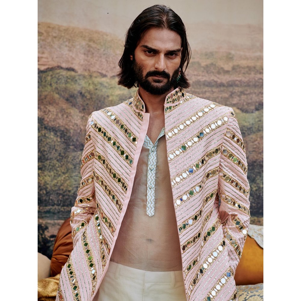 ITRH Pink Zehra Mirror Work Sherwani with Pant (Set of 2)