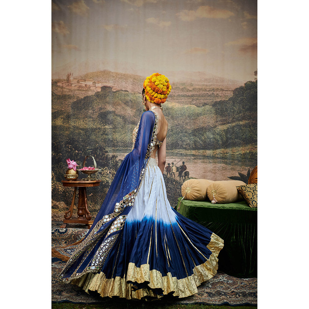 ITRH Blue and White Neel Ruba Lehenga Blouse and Dupatta (Set of 3)