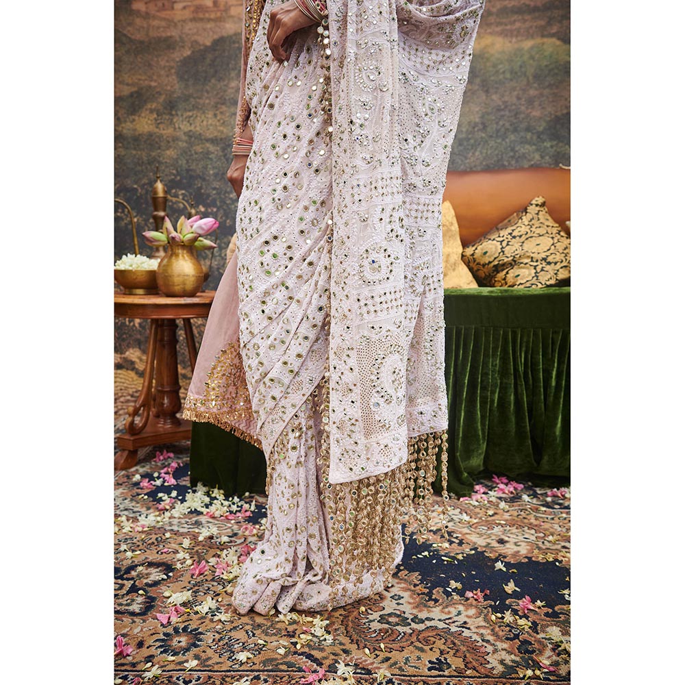 ITRH White Peraan Saree with Stitched Blouse