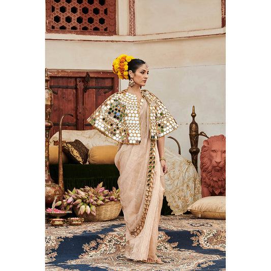 ITRH Beige Mradul Aayna Saree with Stitched Blouse with Cape