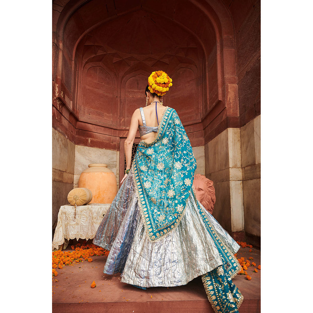 ITRH Blue Aasmani Lampi Lehenga with Blouse and Dupatta (Set of 3)