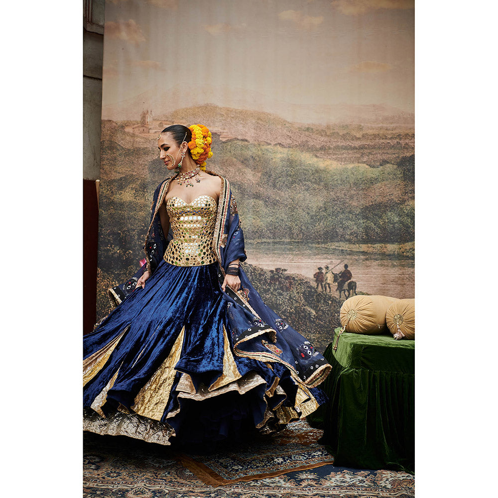 ITRH Navy Blue Zahra Lehenga with Blouse and Dupatta (Set of 3)