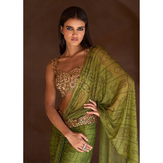 ITRH Green Tiaa Pre-Draped Saree with Stitched Blouse