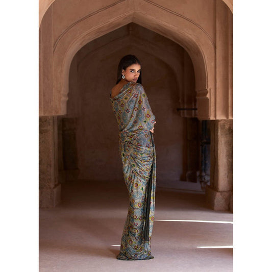 ITRH Blue Sana Pre-Draped Saree with Corset with Stitched Blouse