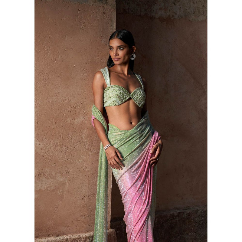 ITRH Green Aaliyah Saree with Stitched Blouse