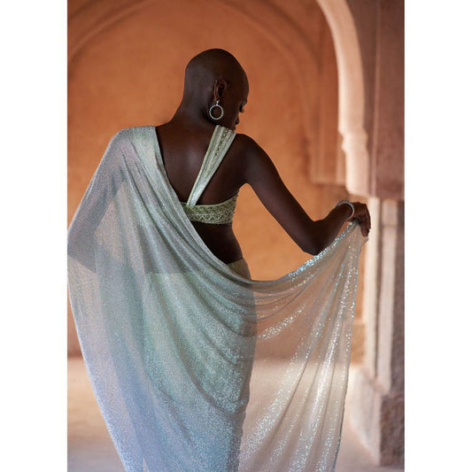 ITRH Blue Sanch Pre-Draped Saree with Stitched Blouse