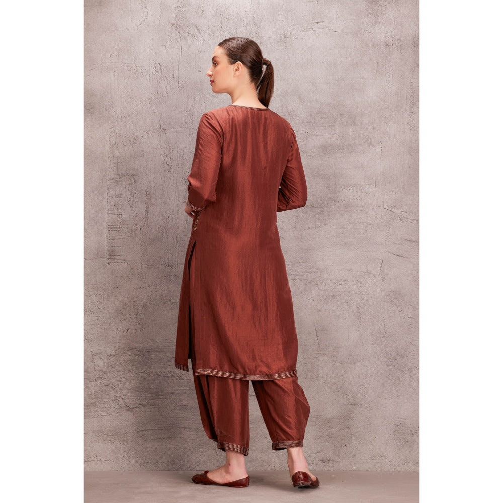 Janki India Womens Embroidered Dupion Silk Kurta Brown Salwar (Set of 2)