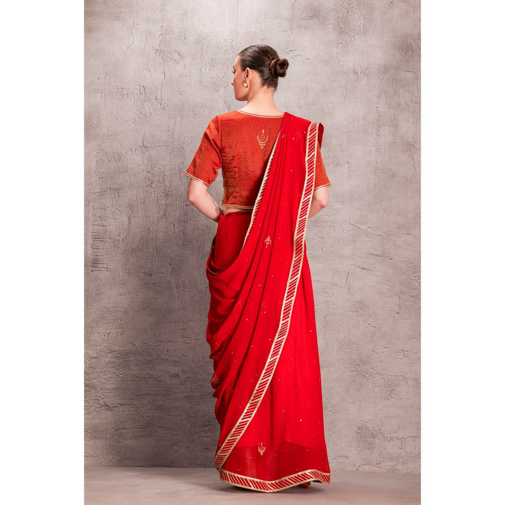 Janki India Womens Embellished Orange Chiffon Saree with Stitched Blouse & Underskirt