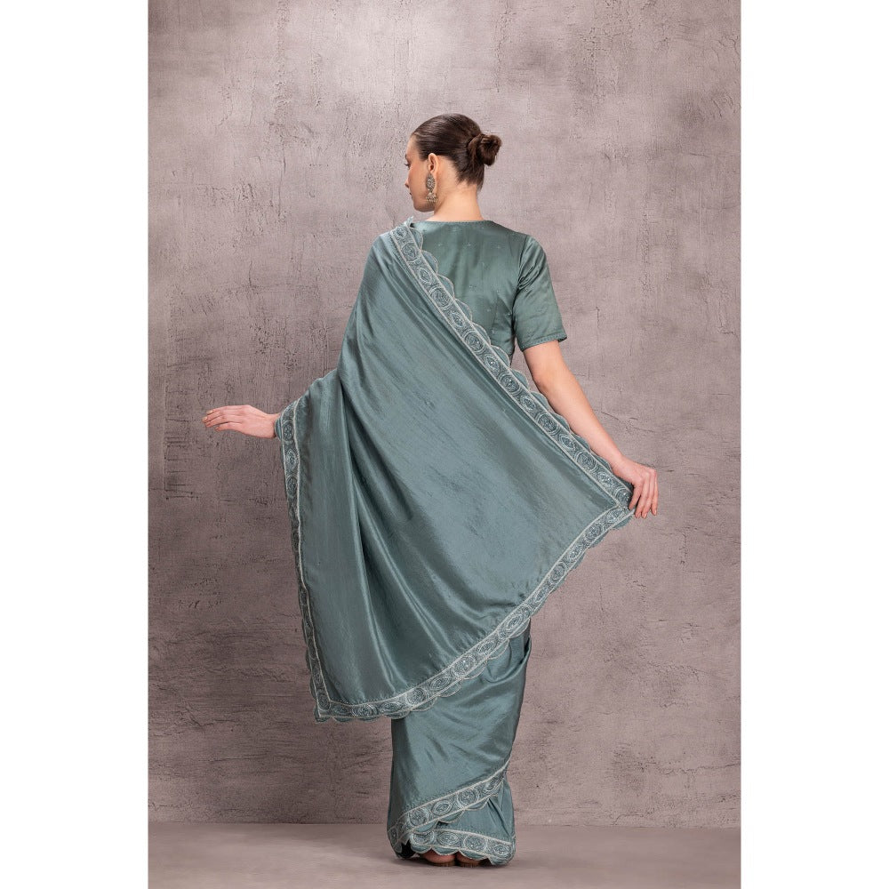 Janki India Women Embellished Sky Blue Pure Silk Saree with Stitched Blouse & Underskirt