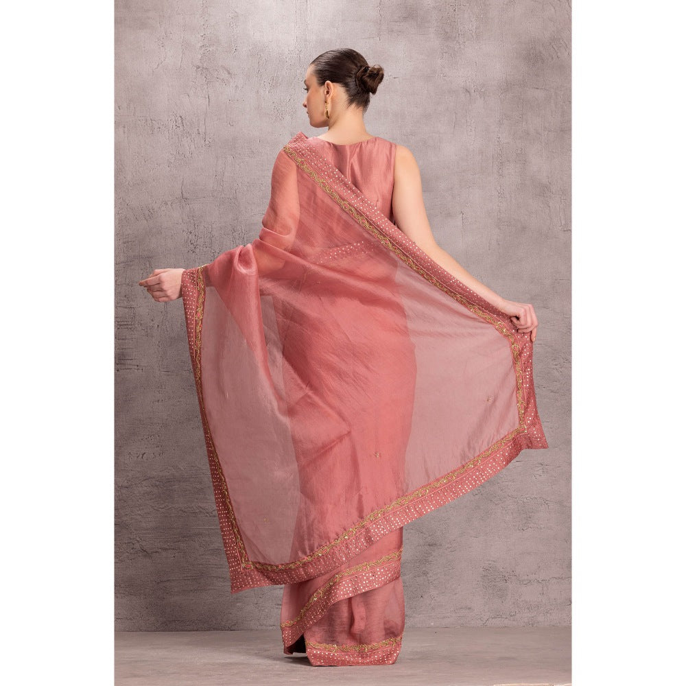 Janki India Womens Embroidered Pink Organza Saree with Stitched Blouse & Underskirt