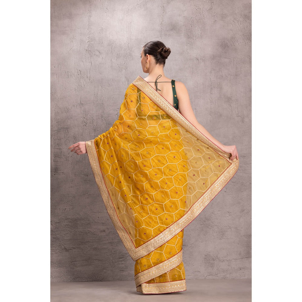 Janki India Womens Embellished Yellow Organza Saree with Stitched Blouse & Underskirt