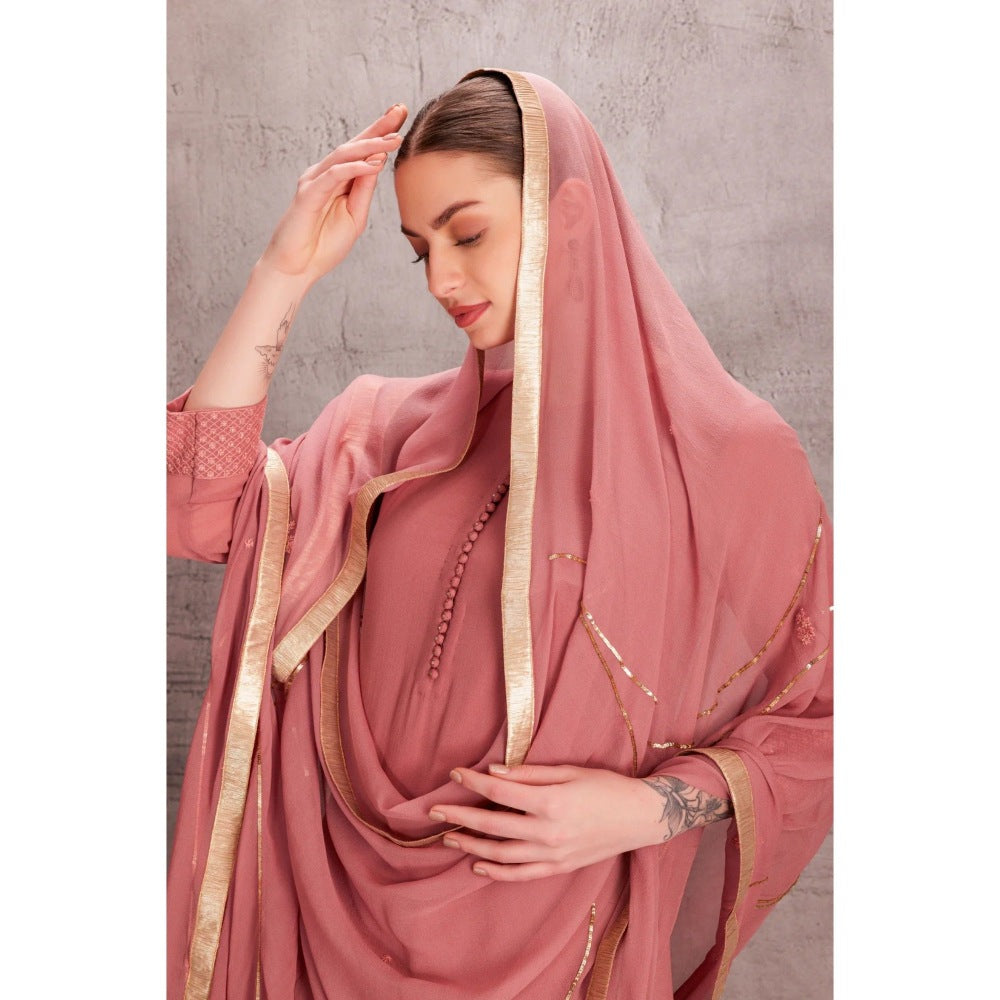 Janki India Dusty Georgette Pink Kurta with Pant and Dupatta (Set of 3)