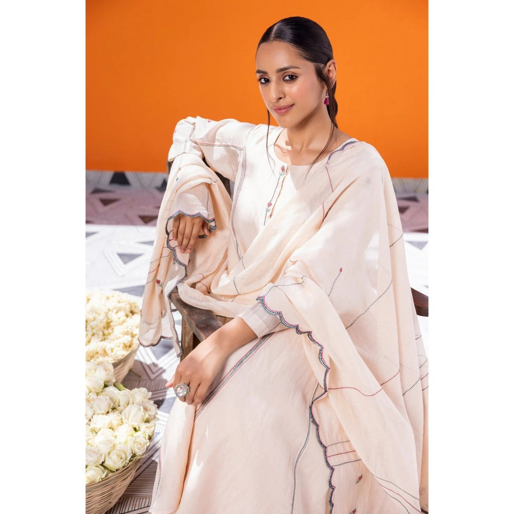 Janki India Ivory Chanderi Embroidered Kurta with Palazzo and Dupatta (Set of 3)
