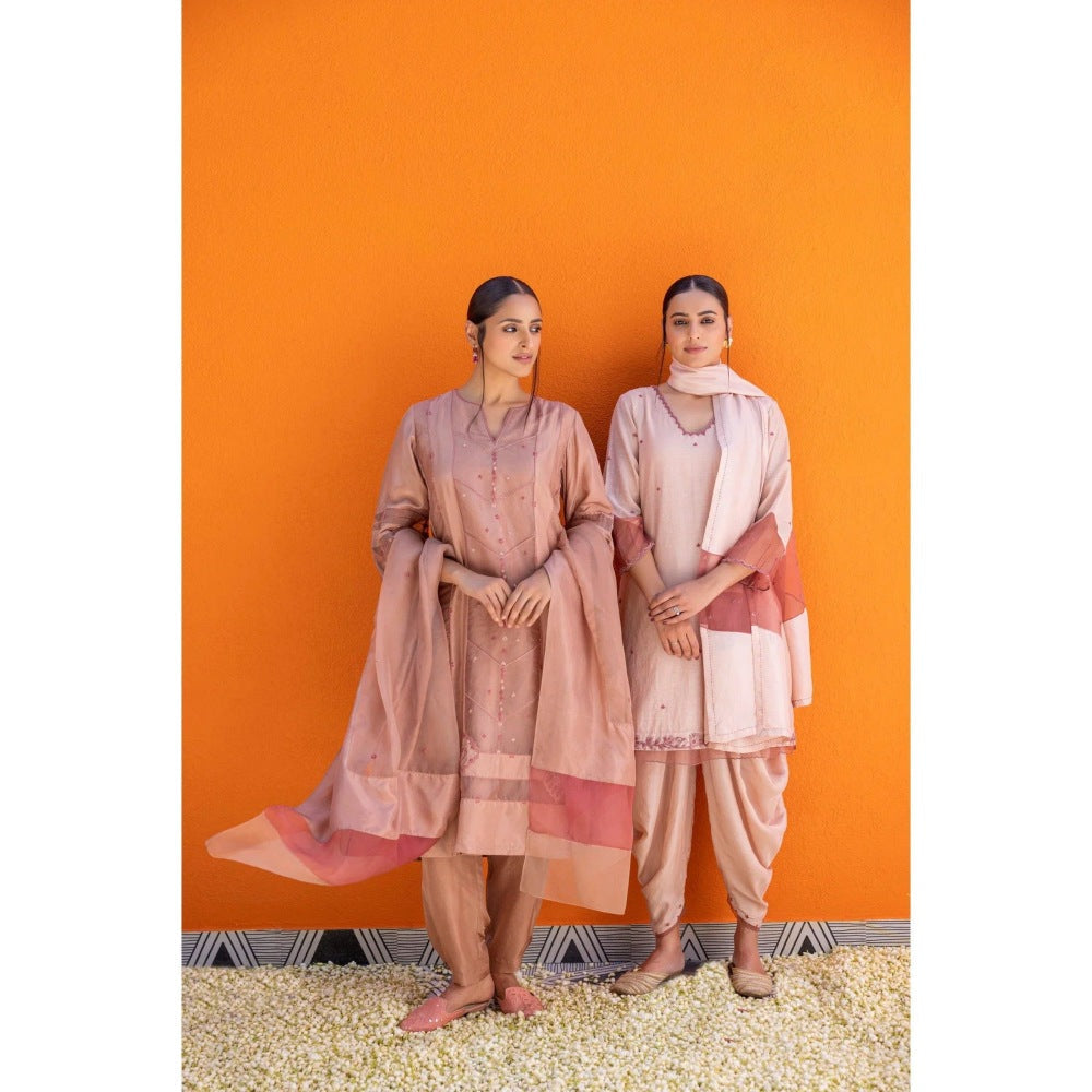 Janki India Rose Gold Silk Embroidered Kurta with Pant and Dupatta (Set of 3)