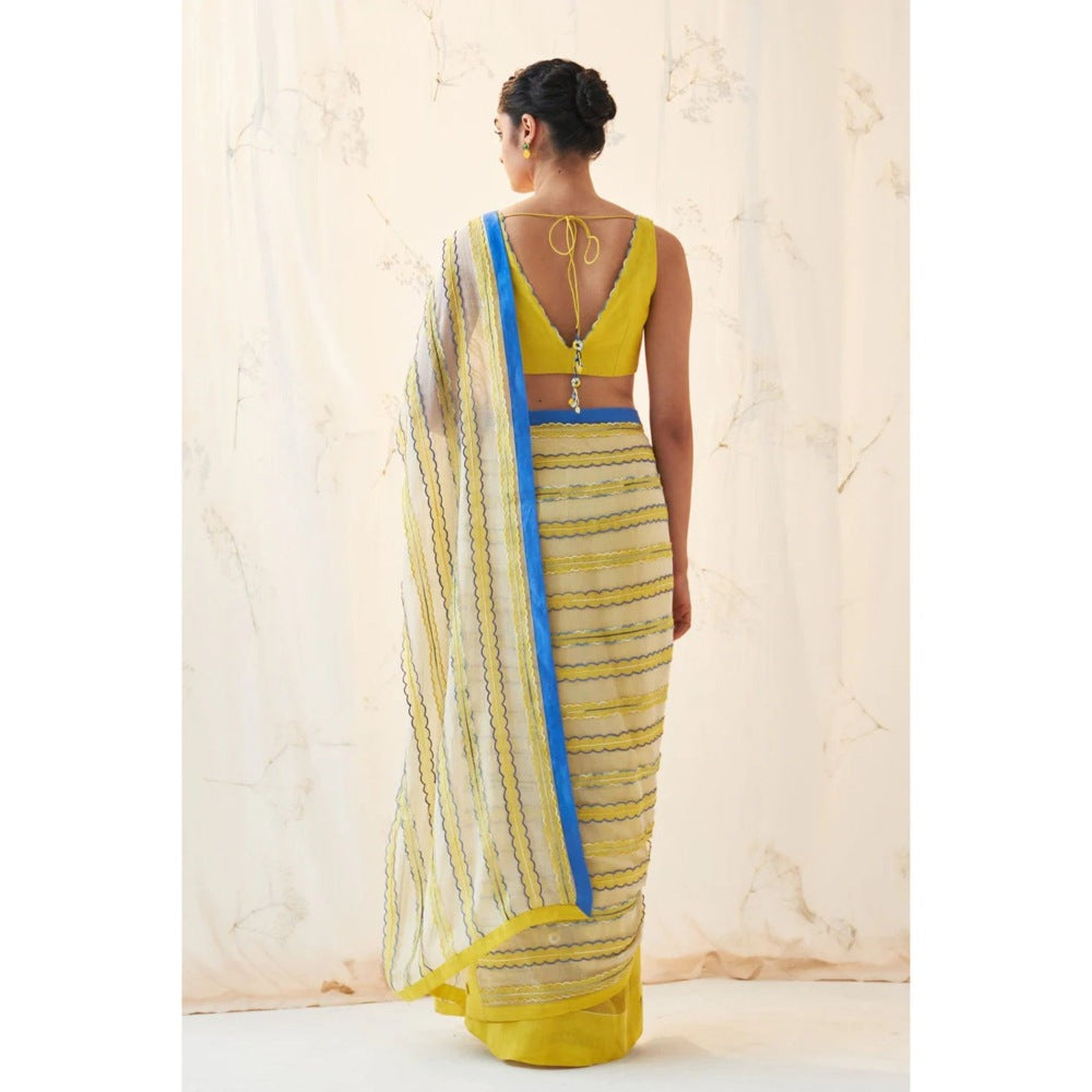 Janki India Yellow Chanderi Saree with Stitched Blouse and Petticoat