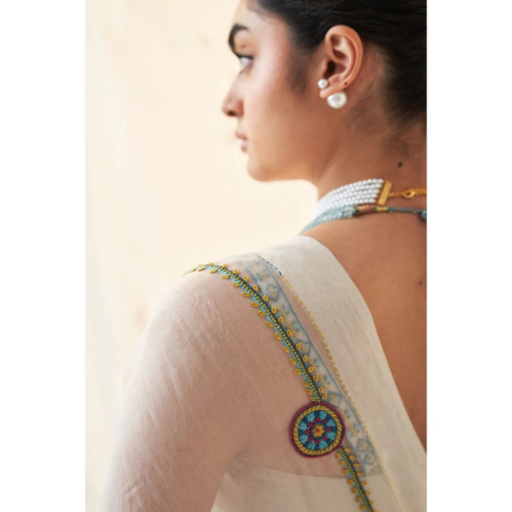 Janki India White Organza Saree with Stitched Blouse and Petticoat