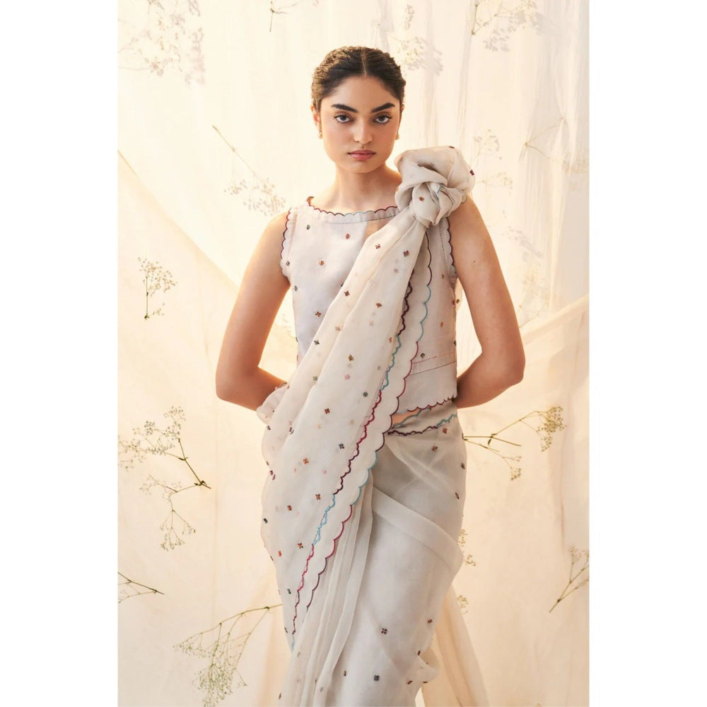 Janki India Ivory Booti Work Saree with Stitched Blouse and Petticoat