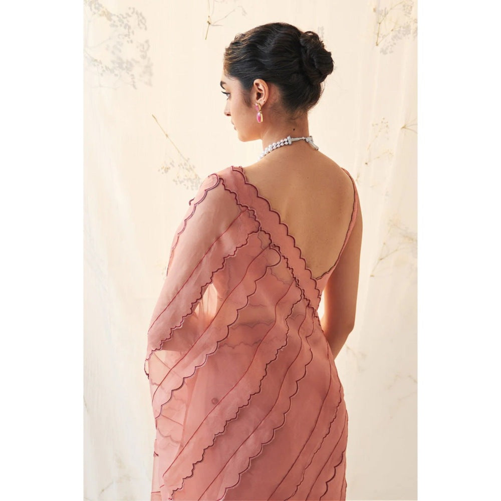 Janki India Peach Organza Saree with Stitched Blouse and Petticoat