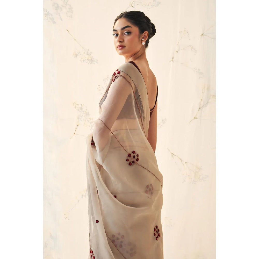 Janki India Taupe Organza Saree with Stitched Blouse and Petticoat