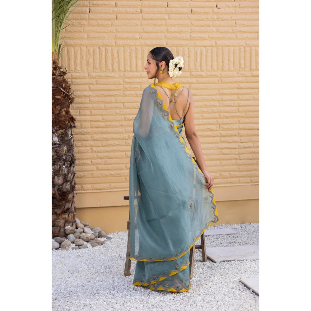Janki India Teal Organza Saree with Stitched Blouse and Petticoat
