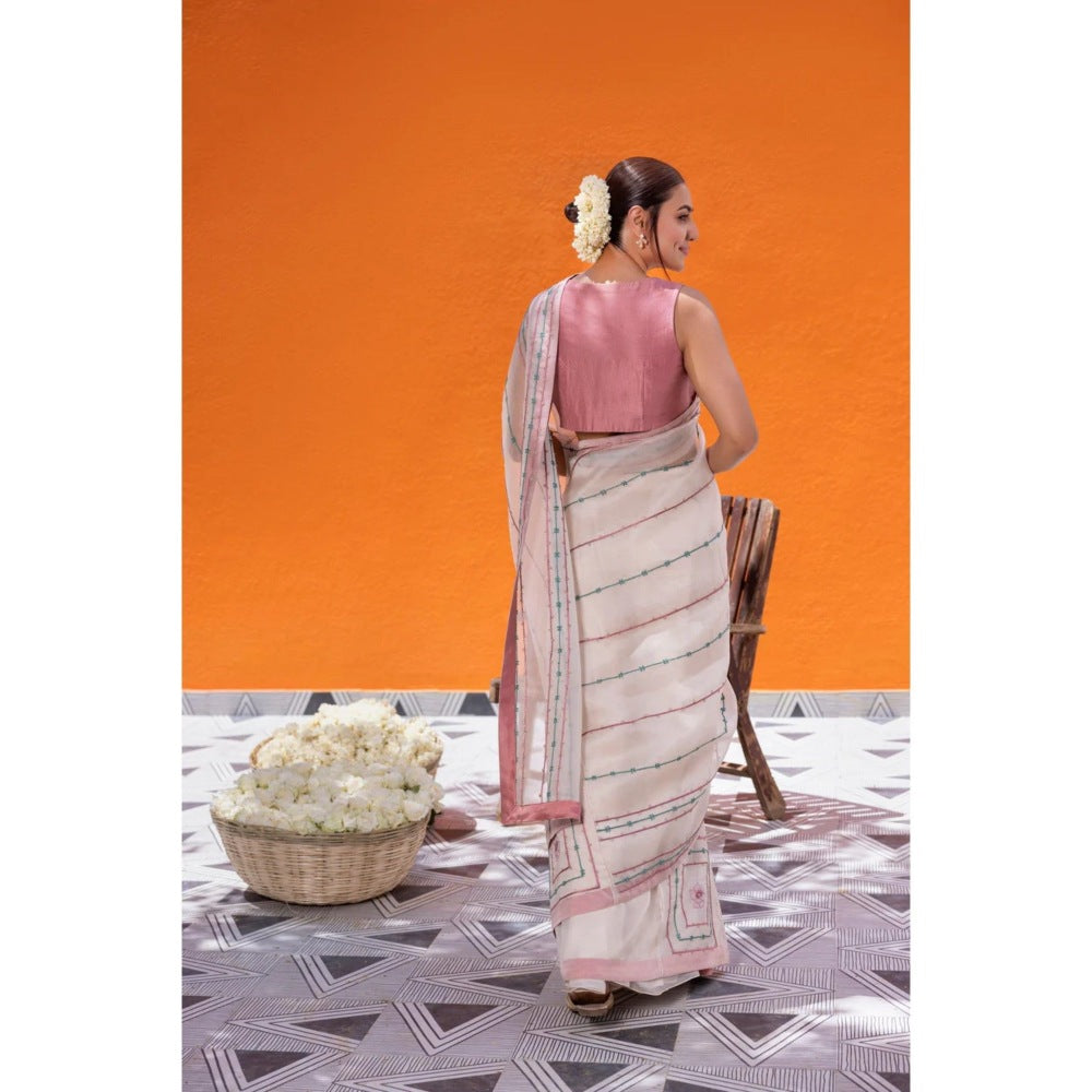 Janki India Ivory Organza Saree with Stitched Blouse and Petticoat