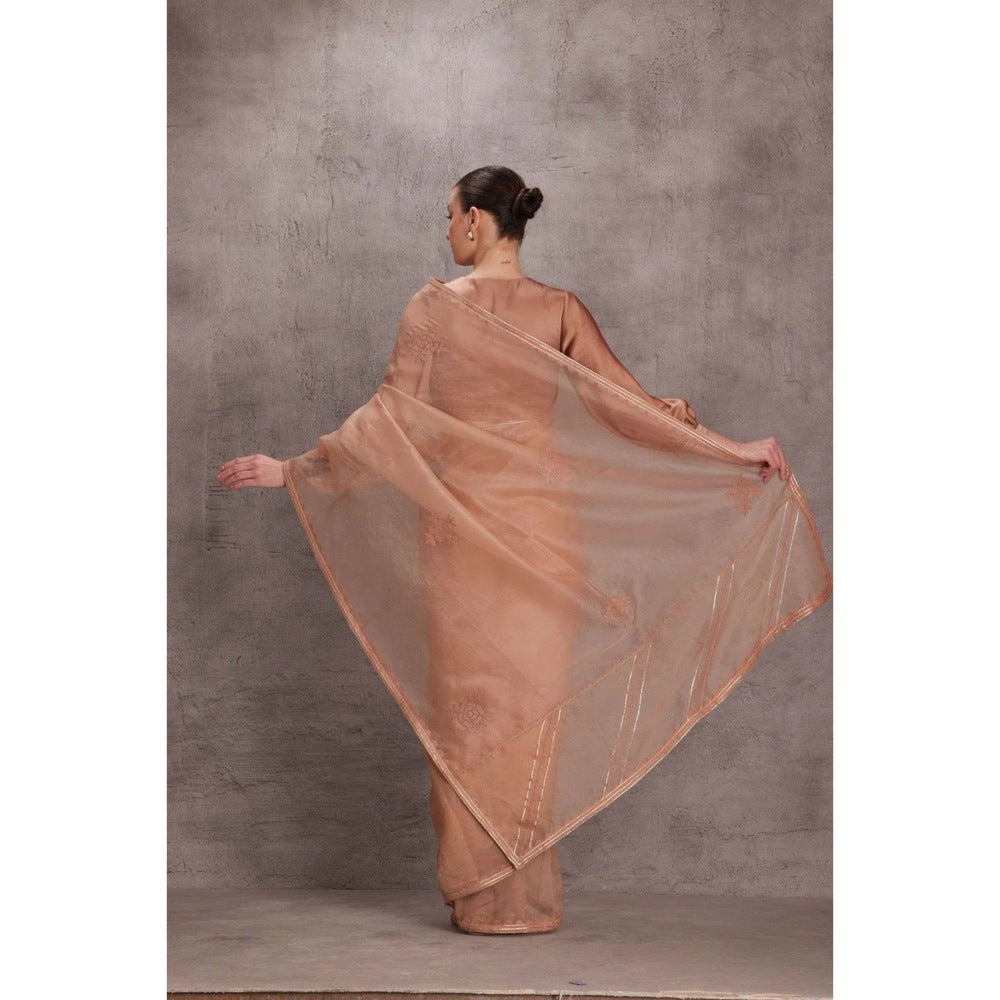 Janki India Rose Gold Organza Saree with Stitched Blouse and Petticoat