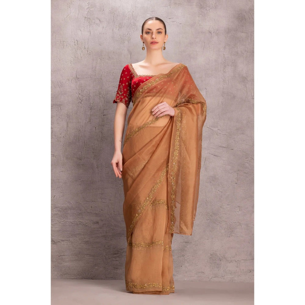 Janki India Golden Organza Saree with Stitched Blouse and Petticoat