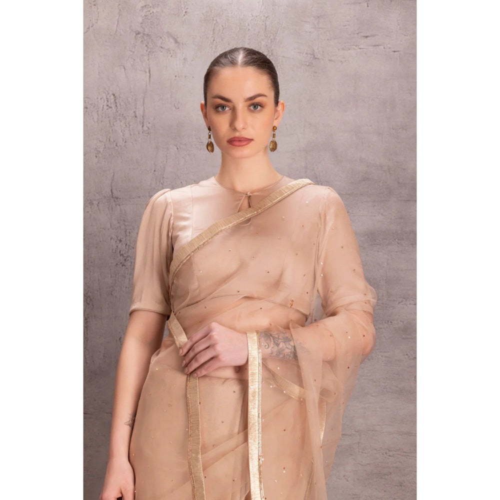 Janki India Beige Organza Saree with Stitched Blouse and Petticoat