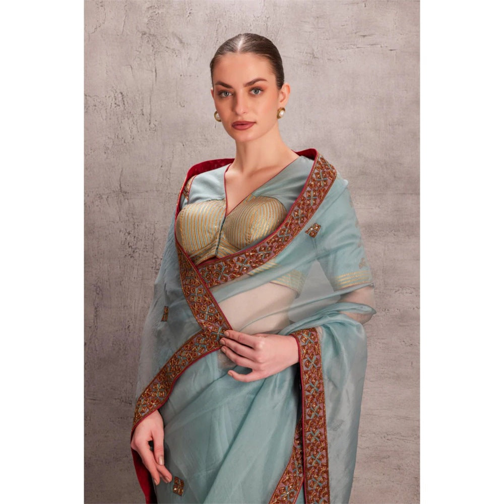 Janki India Sky Blue Saree with Stitched Blouse and Petticoat