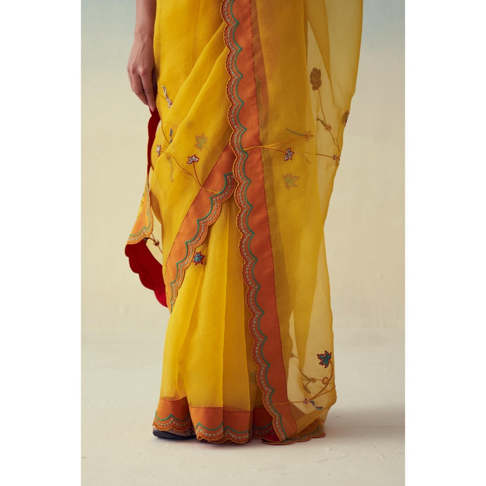 Janki India Yellow Organza Floral Embroidered Saree and Petticoat Without Blouse
