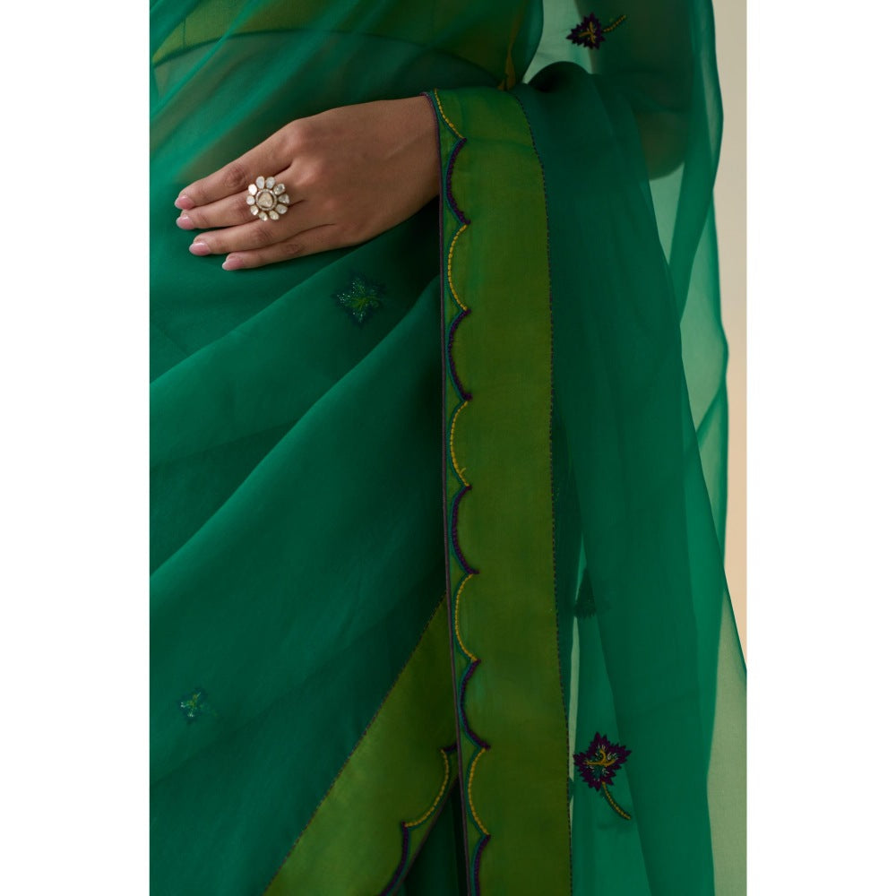 Janki India Lemon Green Organza Embroidered Saree and Petticoat Without Blouse