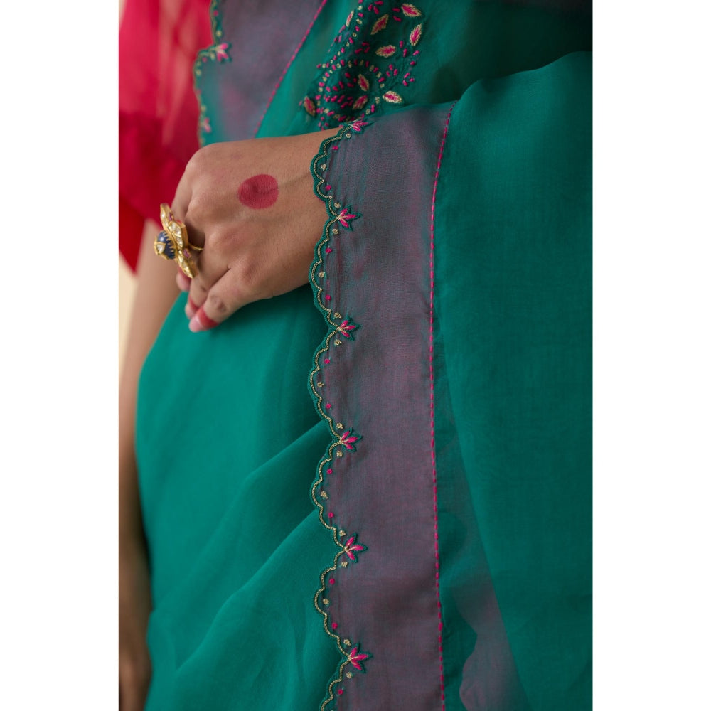 Janki India Green Organza Motifs Embroidered Saree and Petticoat Without Blouse