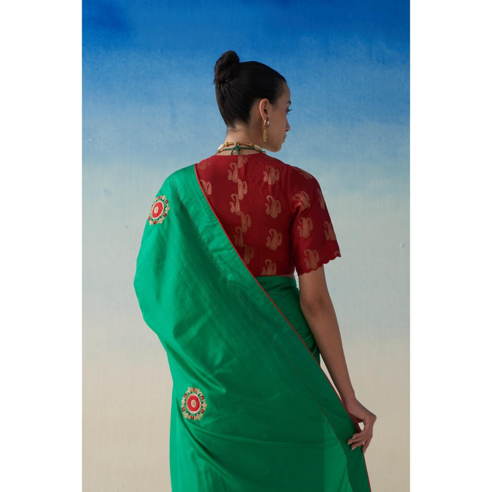 Janki India Green Silk Motifs Embroidered Saree and Petticoat Without Blouse