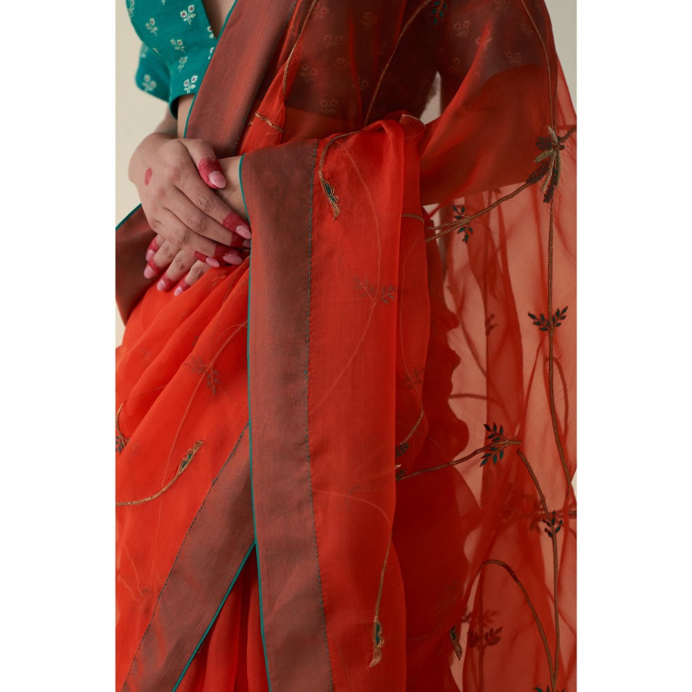 Janki India Rust Jaal Organza Embroidered Saree and Petticoat Without Blouse