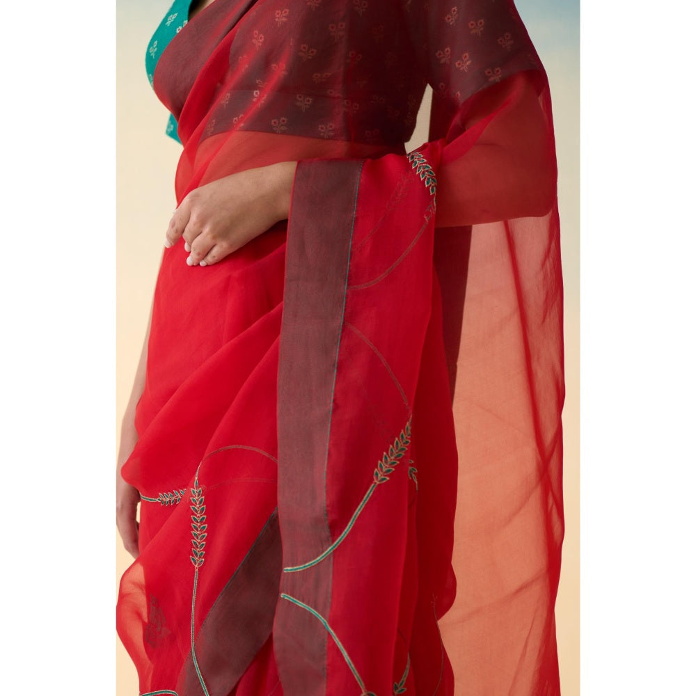 Janki India Red Jaal Embroidered Organza Saree and Petticoat Without Blouse