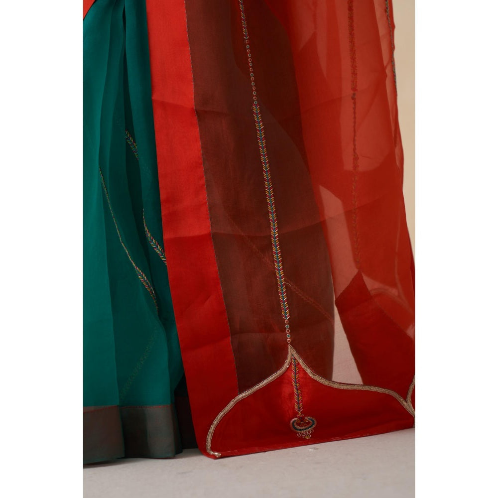 Janki India Orange & Green Organza Embroidered Saree and Petticoat Without Blouse