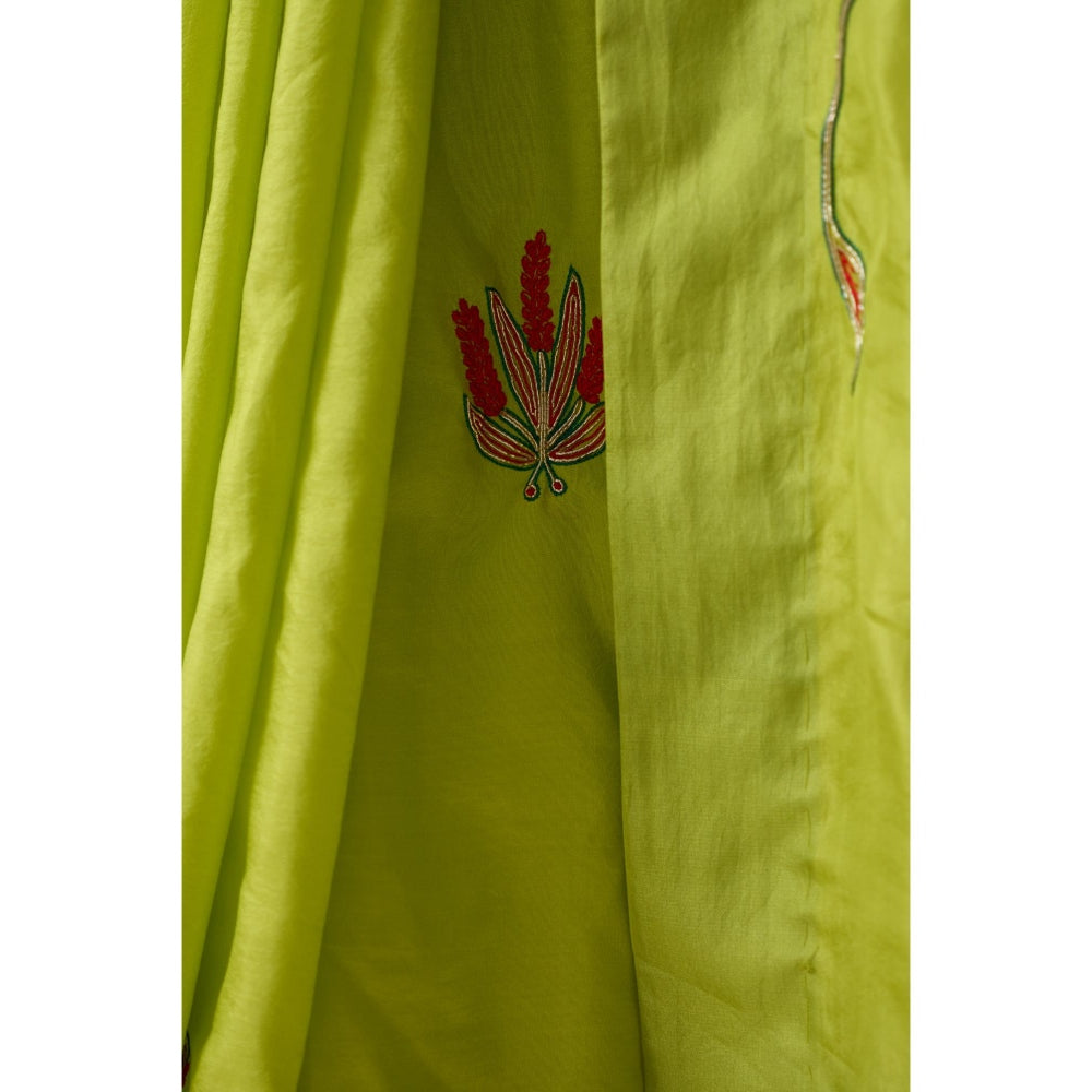 Janki India Lime Green Silk Jaal Embroidered Saree and Petticoat Without Blouse