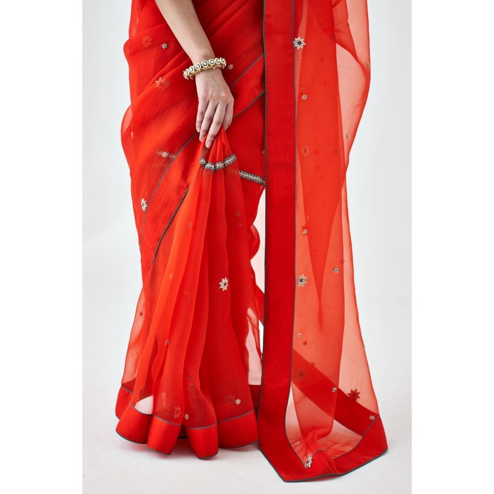 Janki India Orange Embroidered Organza Saree and Petticoat Without Blouse