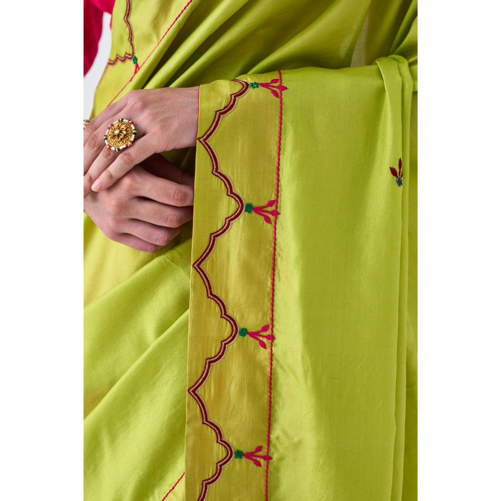 Janki India Lime Green & Fuchsia Embroidered Saree and Petticoat Without Blouse