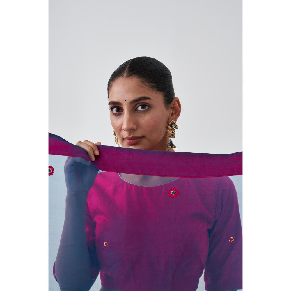 Janki India Blue Organza Embroidered Saree and Petticoat Without Blouse