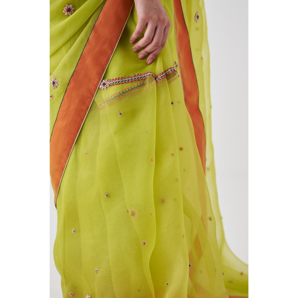 Janki India Lime Green Organza Embroidered with Petticoat and Without Blouse