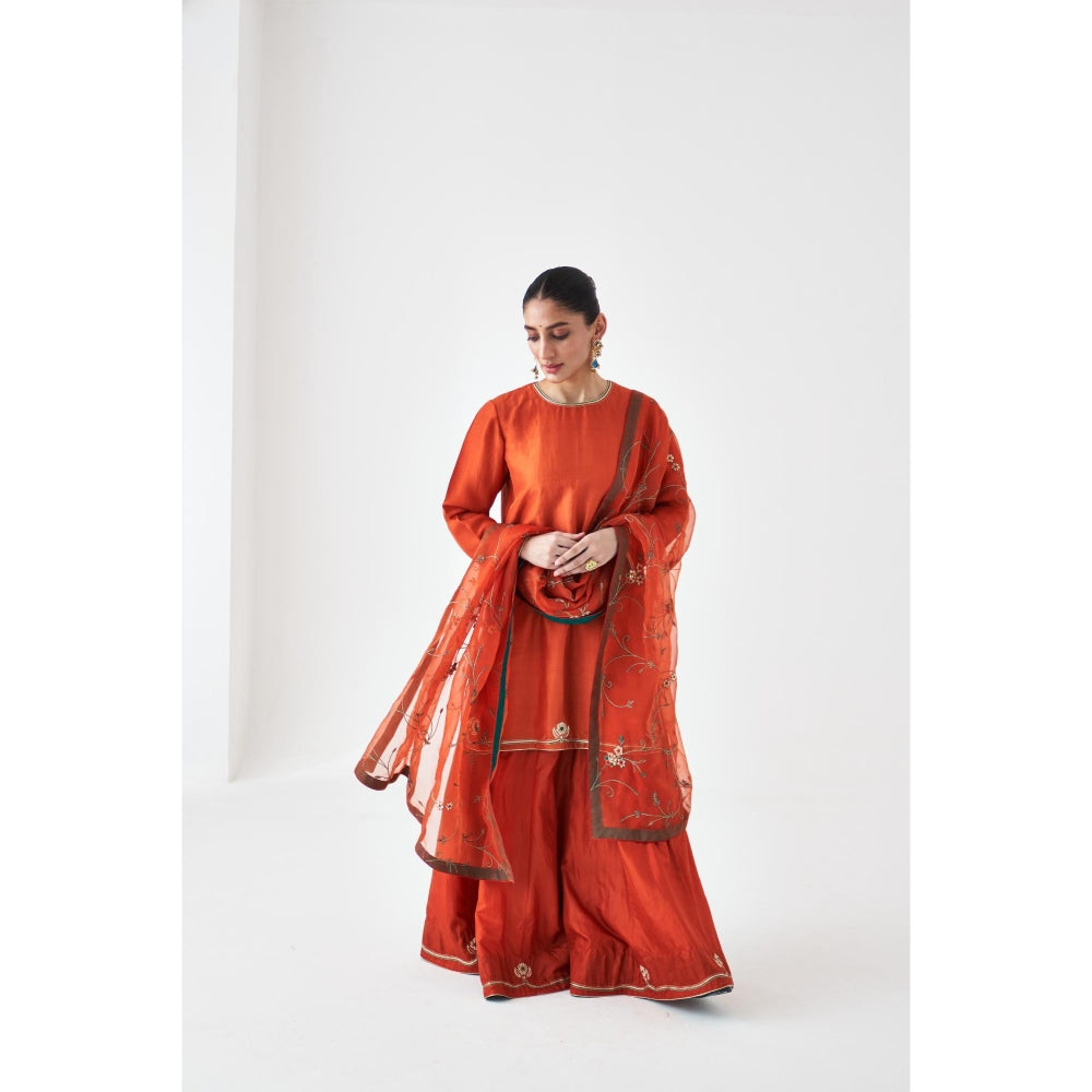 Janki India Rust Embroidered Organza Dupatta