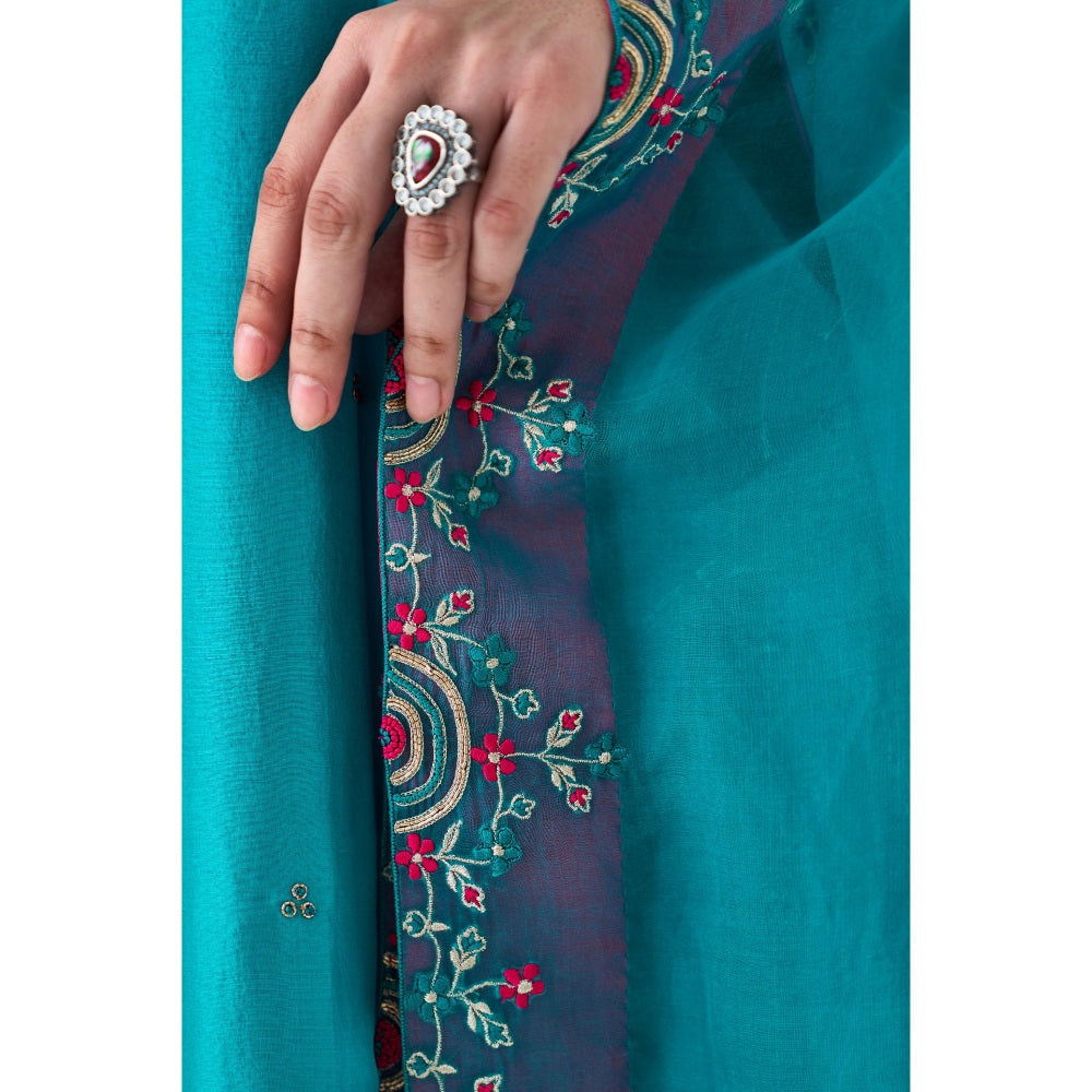 Janki India Turquoise Silk Dupion Embroidered Anarkali with Pant and Dupatta (Set of 3)