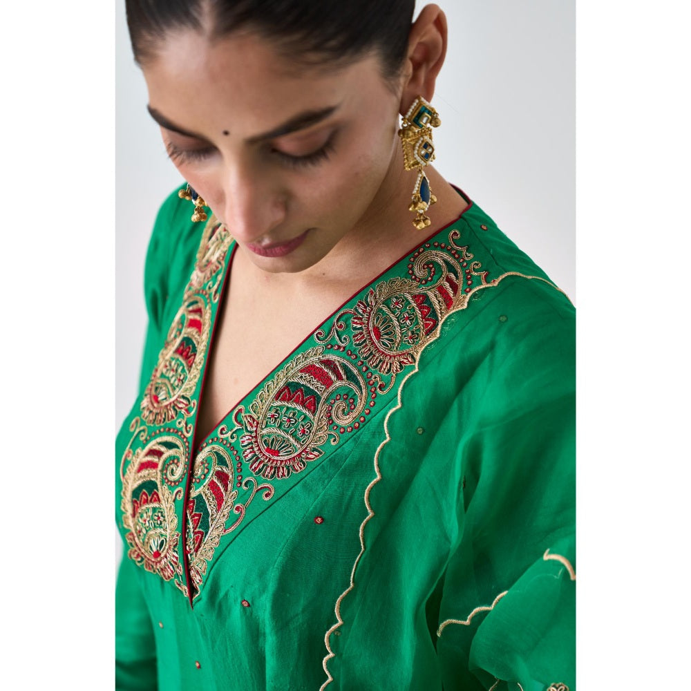 Janki India Green Silk Dupion Embroidered Anarkali with Pant and Dupatta (Set of 3)