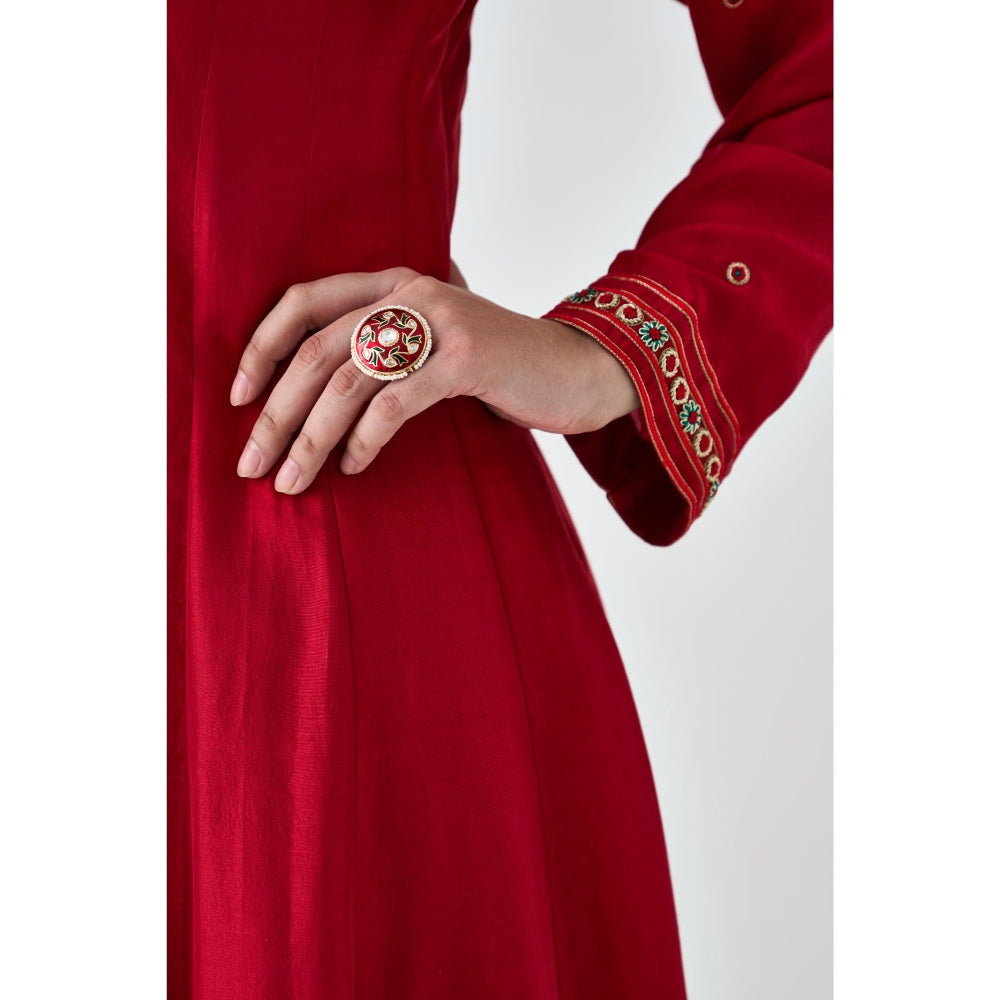 Janki India Red Dupion Silk Embroidered V Neck Anarkali with Pant and Dupatta (Set of 3)