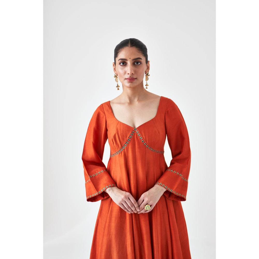 Janki India Rust Silk Dupion Embroidered Anarkali with Pant and Dupatta (Set of 3)