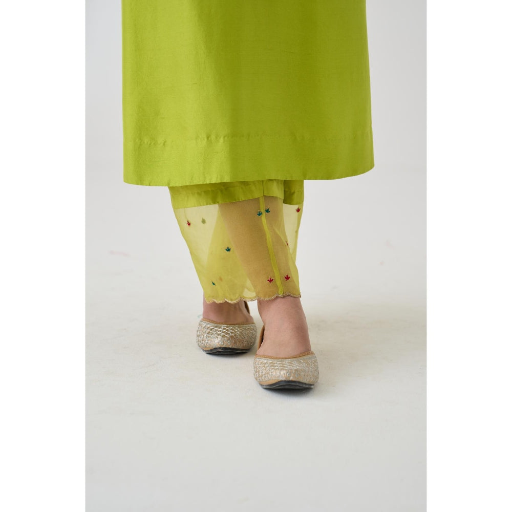 Janki India Lime Green Dupion Silk Embroidered Kurta with Pant and Dupatta (Set of 3)